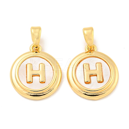 Natural Shell & Brass Flat Round with Letter H Charms with Snap on Bails KK-P275-07G-1