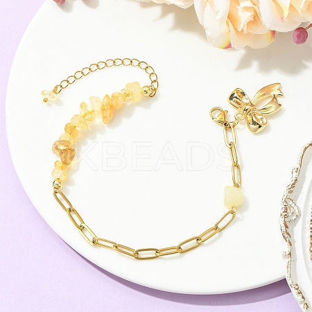 Heated Natural Citrine Chip Beads 304 Stainless Steel Paperclip Chain Bracelets with Alloy Bowknot Charms BJEW-JB14187-02-1