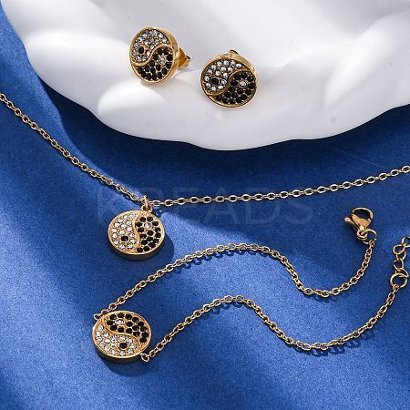 Yin-yang 304 Stainless Steel Rhinestone Pendant Necklaces & Bracelets & Stud Earrings Sets for Women SJEW-C004-17G-1