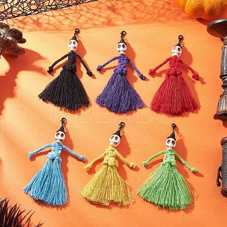Halloween Cotton Threads Tassel & Synthetic Turquoise Skull Pendant Decorations HJEW-JM03757-1