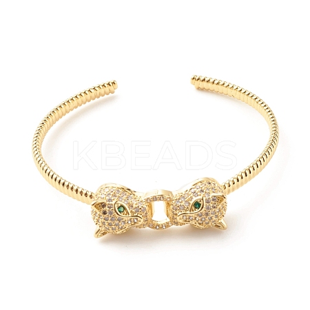 Green Cubic Zirconia Double Leopard Open Cuff Bangle BJEW-B054-20G-1
