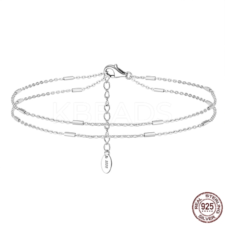 Rhodium Plated 925 Sterling Silver Double Layered Cable Chain Anklet with Beads AJEW-F162-006P-1