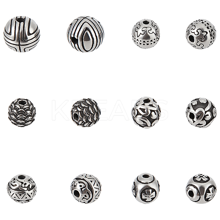 12Pcs 6 Styles Round 304 Stainless Steel Beads STAS-UN0059-95-1