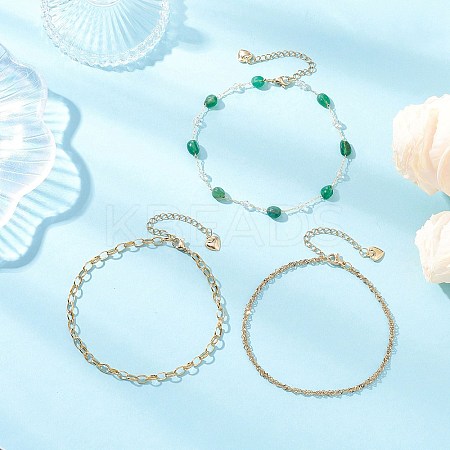 Dyed Natural Agate Nuggets & 304 Stainless Steel Link Chain 3 Layer Anklets for Women AJEW-AN00743-01-1
