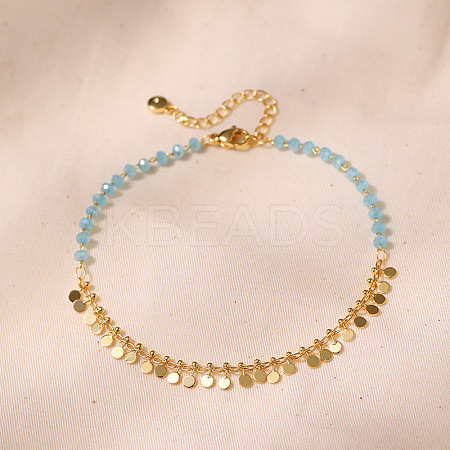 Bohemian Natural Dyed Stone Imitation Aquamarine Faceted Round & Brass Disc Tassel Anklets AJEW-Z046-07G-1