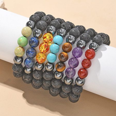 Natural Lava Rock and Non-Magnetic Synthetic Hematite Beads Braided Bead Bracelets BJEW-JB03975-1