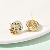 Oval with Flower Brass Micro Pave Cubic Zirconia Stud Earrings EJEW-P336-02G-3