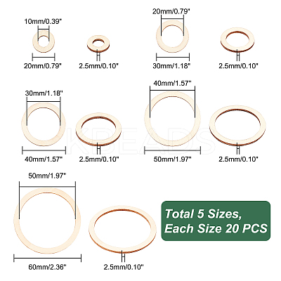 AHADEMAKER 100Pcs 5 Style Unfinished Wood Linking Rings WOOD-GA0001-30-1