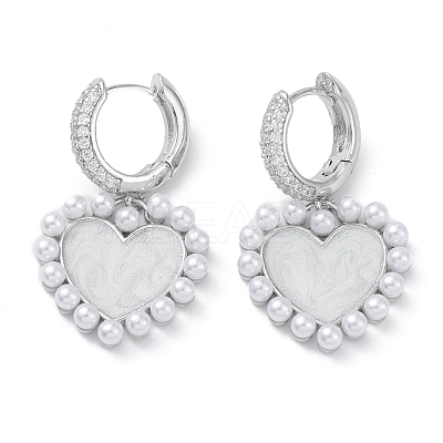 Heart Rack Plating Brass Cubic Zirconia Hoop Earrings with Plastic Pearl Beads EJEW-K245-06P-1