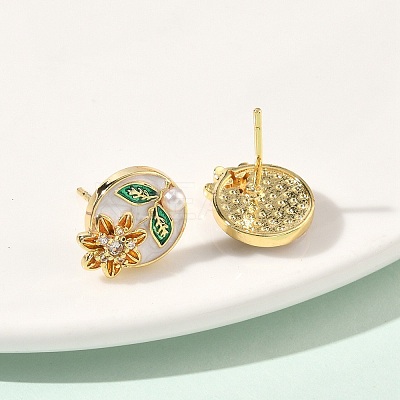 Oval with Flower Brass Micro Pave Cubic Zirconia Stud Earrings EJEW-P336-02G-1