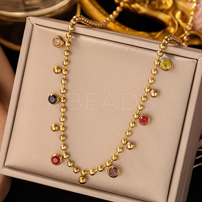 304 Stainless Steel Pave Cubic Zirconia Colorful Round Tassel Ball Chain Bib Necklaces for Women LS-NJEW-D350-01G-1