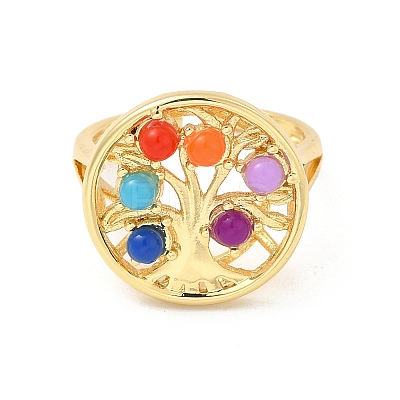 Colorful Resin Beaded Tree of Life Open Cuff Ring RJEW-G274-02G-1