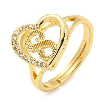 Heart with Letter Rack Plating Brass Micro Pave Cubic Zirconia Adjustable Rings for Women RJEW-I105-06G-S-1