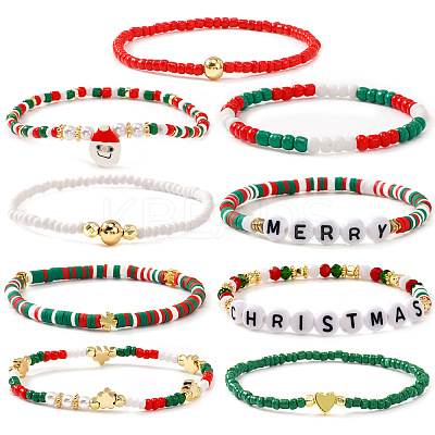 9Pcs Christmas Brass & Resin & Glass Beaded Stretch Bracelet Set TY5833-7-1