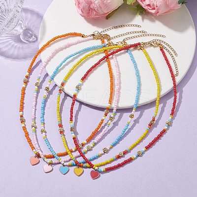 Alloy Enamel Heart Pendant Necklace with Glass Seed Beaded NJEW-JN04641-1