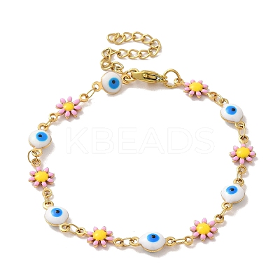 304 Stainless Steel Enamel Daisy Evil Eye Link Chain Bracelets for Women LS-BJEW-B079-03G-1