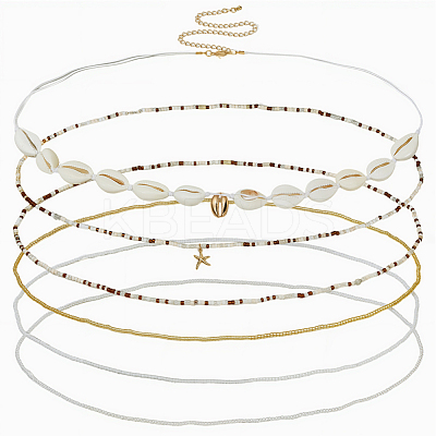 6Pcs 6 Styles Summer Beach Glass Seed Beads and Natural Cowrie Shell Beaded Waist Belly Chains Sets for Women AJEW-WH20019-89-1