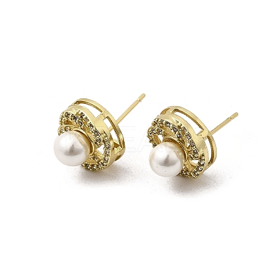 Brass Clear Cubic Zirconia Round Stud Earrings EJEW-L261-020G-1