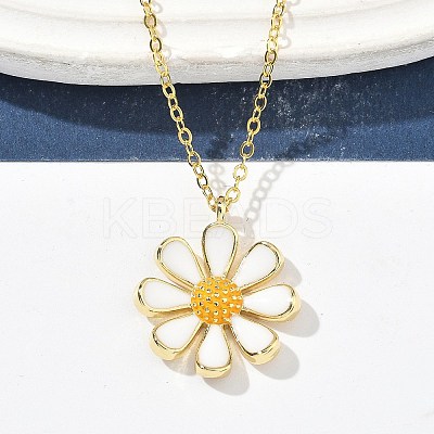 Brass White Enamel Flower Pendant Necklaces for Women NJEW-S449-07G-1