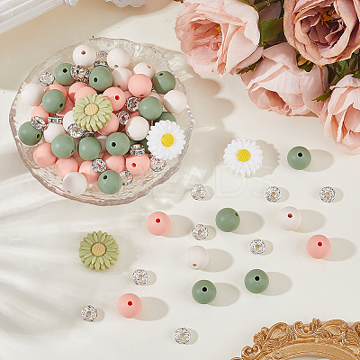 144Pcs 6 Styles Daisy & Round & Rondelle Food Grade Eco-Friendly Silicone Beads SIL-PA0001-15-1