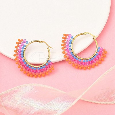 304 Stainless Steel & Bohemian Beaded Fan Hoop Earrings for Women EJEW-R001-01G-05-1