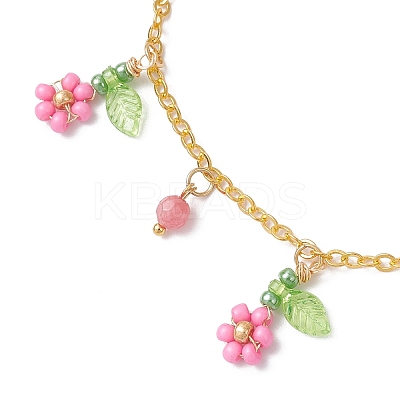 Faceted Round Natural Howlite & Glass Seed Beaded Flower Tassel Brass Cable Chain Anklets for Women AJEW-MZ00007-02-1