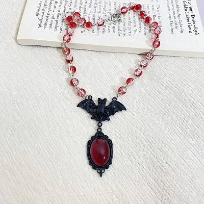 Alloy Red Glass Bat Pendant Round Glass Link Necklaces for Halloween NJEW-H075-02PEB-1