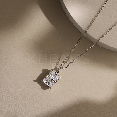 925 Sterling Silver Pave Clear Cubic Zirconia Rectangle Pendant Necklaces NJEW-G172-06P-1