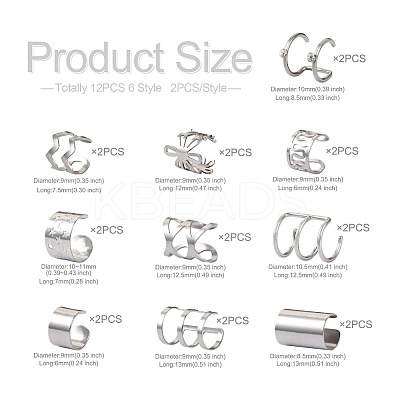 20Pcs 10 Style Hollow & Wave & Flower 304 Stainless Steel Wide Band Chunky Cuff Earrings for Men Women EJEW-CF0001-01-1