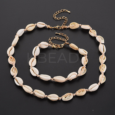 Natural Shell Beaded Necklace and Bracelet SJEW-T002-01-1