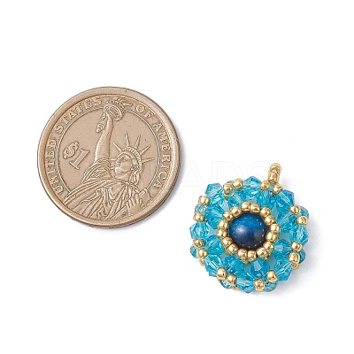 Dyed Natural Blue Tiger Eye & Glass Seed Beaded Flat Round Pendants PALLOY-MZ00950-06-1