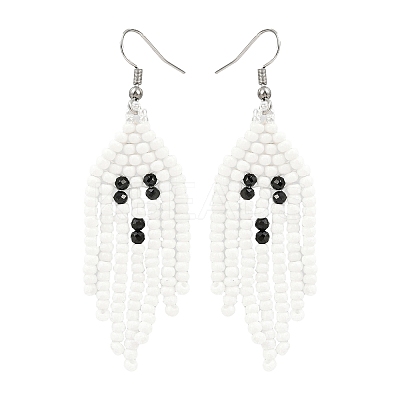 Halloween Theme Ghost Handmade Glass Seed Beaded Dangle Earrings EJEW-MZ00479-1