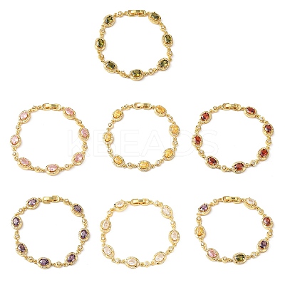 Oval Brass Micro Pave Cubic Zirconia Link Chain Bracelets for Women BJEW-D387-04G-1