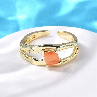 Square Brass Cat Eye Cuff Rings RJEW-G344-01G-04-1