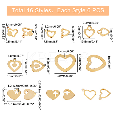 96Pcs 16 Style 201 Stainless Steel Charms & Pendants STAS-PH0004-30-1