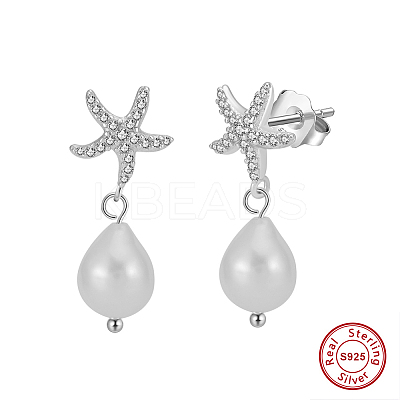 925 Sterling Silver Starfish Dangle Stud Earrings EJEW-M096-03P-1