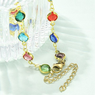304 Stainless Steel Flat Round Acrylic Rhinestone Cup Chain Anklets for Women LS-AJEW-B031-02G-02-1