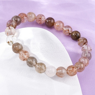 Natural Rutilated Quartz Round Beaded Stretch Bracelets for Men Women BJEW-G743-01E-1