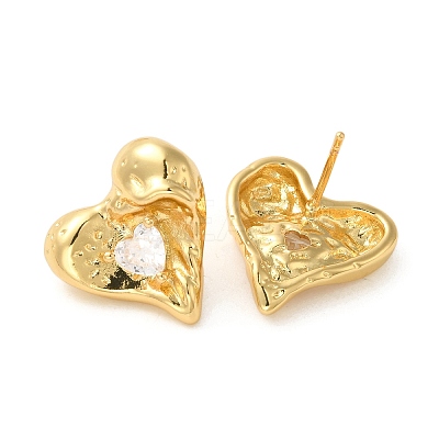 Brass with Cubic Zirconia Heart Stud Earrings EJEW-G382-24G-1