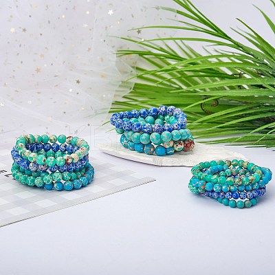 3Pcs 3 Size Synthetic Imperial Jasper Round Beaded Stretch Bracelets Set BJEW-SW00064-30-1