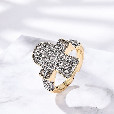 Brass Micro Pave Clear Cubic Zirconia Cuff Finger Rings for Women RJEW-C116-01G-1