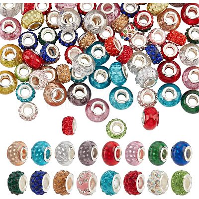 100Pcs 2 Style Polymer Clay Rhinestone & Resin European Large Hole Beads with Silver Color Plated Brass Cores FPDL-NB0001-04-1