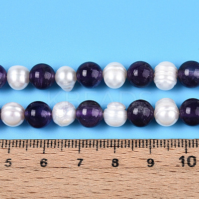Natural Amethyst Round & Natural Cultured Freshwater Pearl Grooved Potato Beads Strands PEAR-N019-11-1