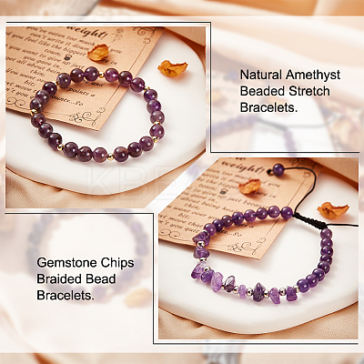 2Pcs 2 Style Natural Amethyst Beaded Stretch Bracelets Set BJEW-OC0001-12-1