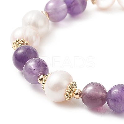 Natural Amethyst & Pearl Round Beaded Stretch Bracelet for Women BJEW-JB09246-01-1