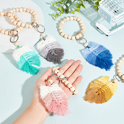 5Pcs Natural Wood Beads Stretch Bracelets Keychains KEYC-PH01429-1