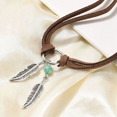 Bohemian Style Alloy Feather with Synthetic Turquoise Pendant Choker Necklaces for Women LS-NJEW-G158-01B-1