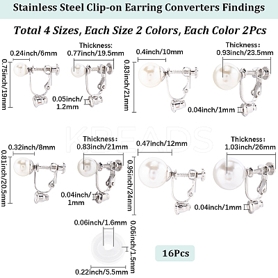 16Pcs 8 Styles 316 Surgical Stainless Steel Clip-on Earring Converters Findings STAS-SC0010-36-1