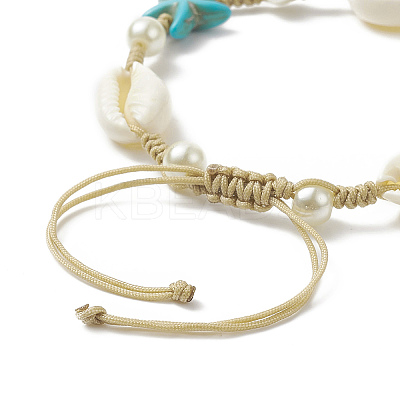Synthetic Turquoise(Dyed) Starfish & Natural Shell & Glass Pearl Braided Bead Bracelet X-BJEW-TA00218-1