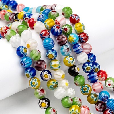 Millefiori Glass Round-Single Flower Bead Strands LK14-1
